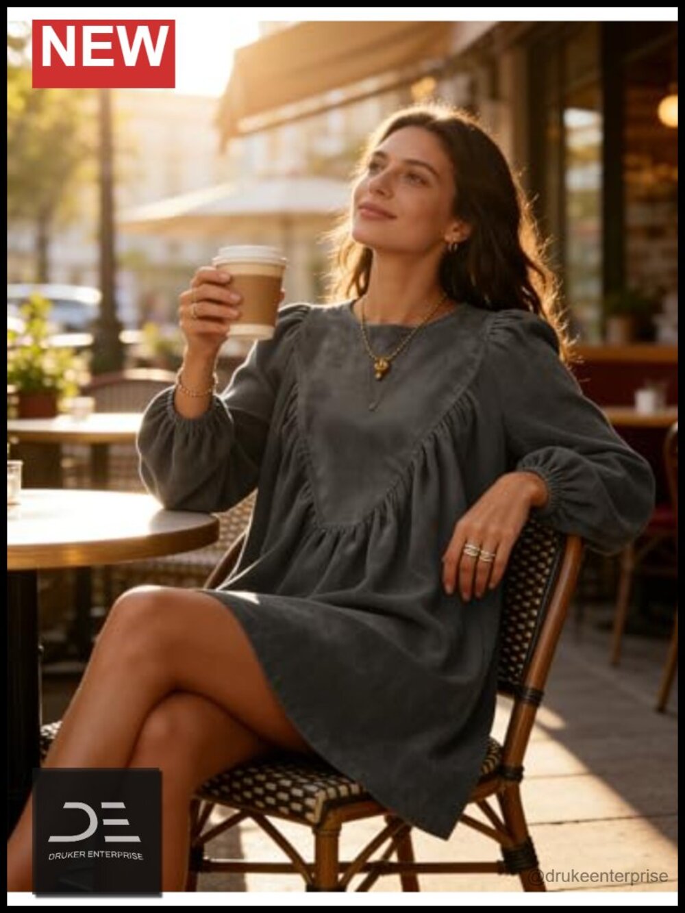 Faux Suede A-Line Peplum Pleated Babydoll Mini Dress Long Sleeve - Picture 4 of 6